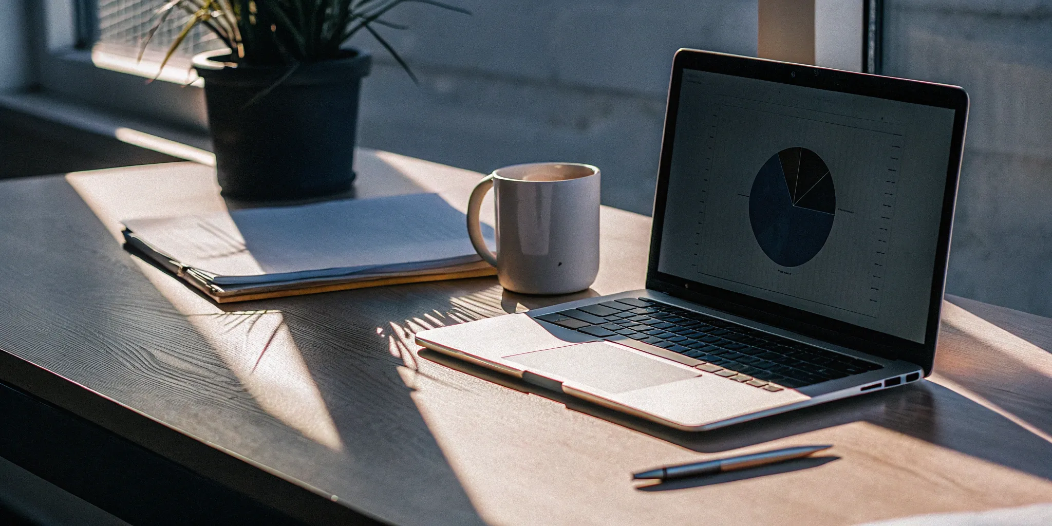 Laptop with an HRA pie chart and documents for a small business on an office desk.