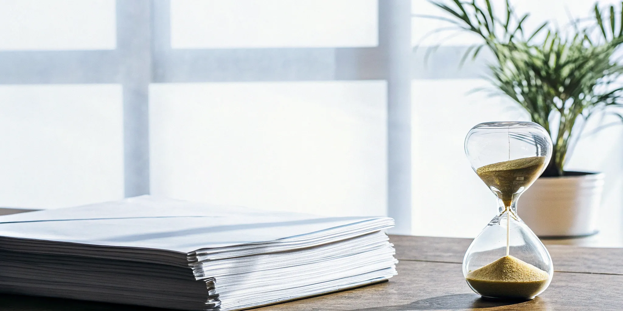 An employer's stop loss reinsurance policy documents next to an hourglass on a desk.