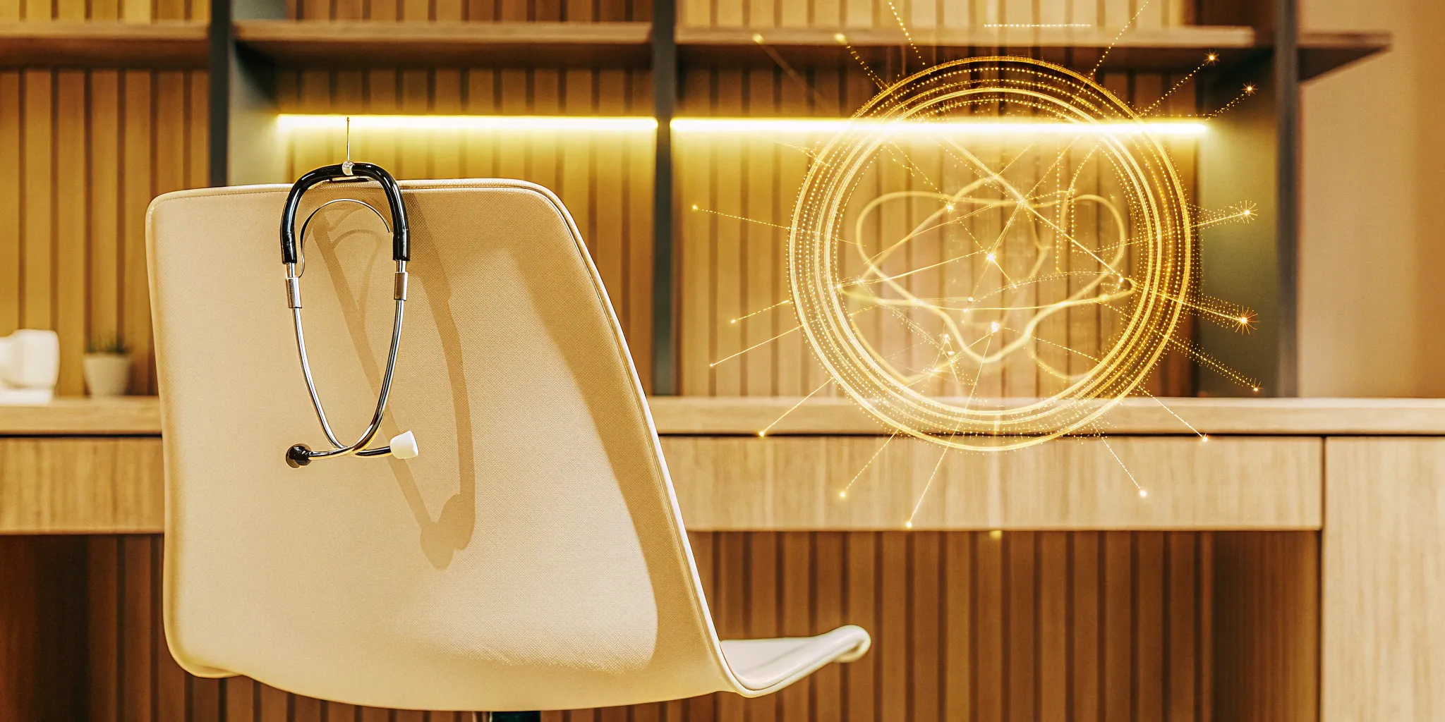 Stethoscope on an office chair with a glowing symbol for medical stop loss insurance.
