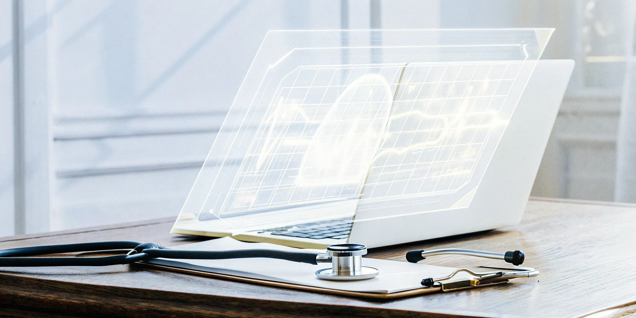 Laptop and stethoscope on a desk for choosing the best small business health insurance.