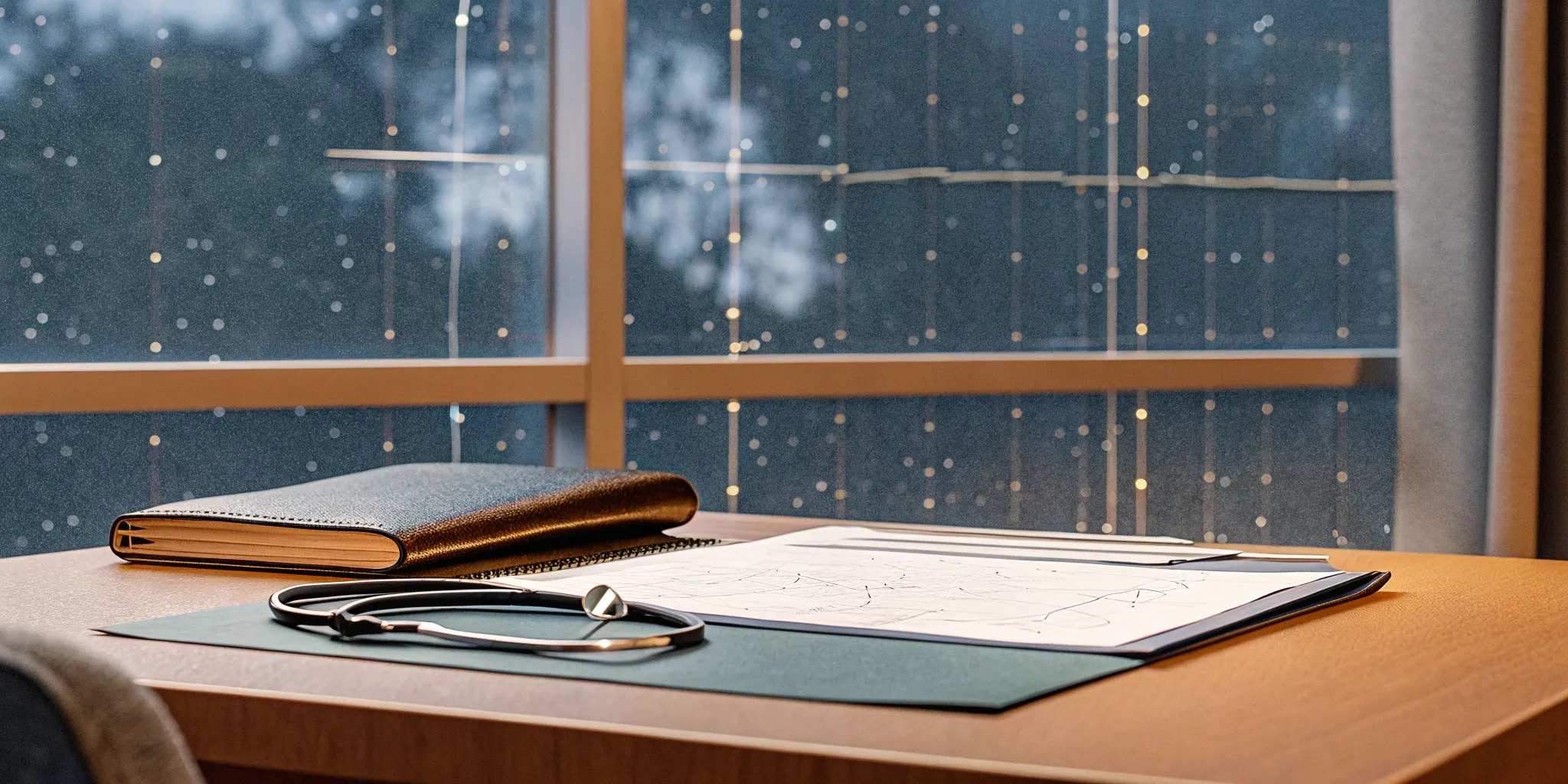 A desk with documents and a stethoscope used for calculating the cost of COBRA coverage.
