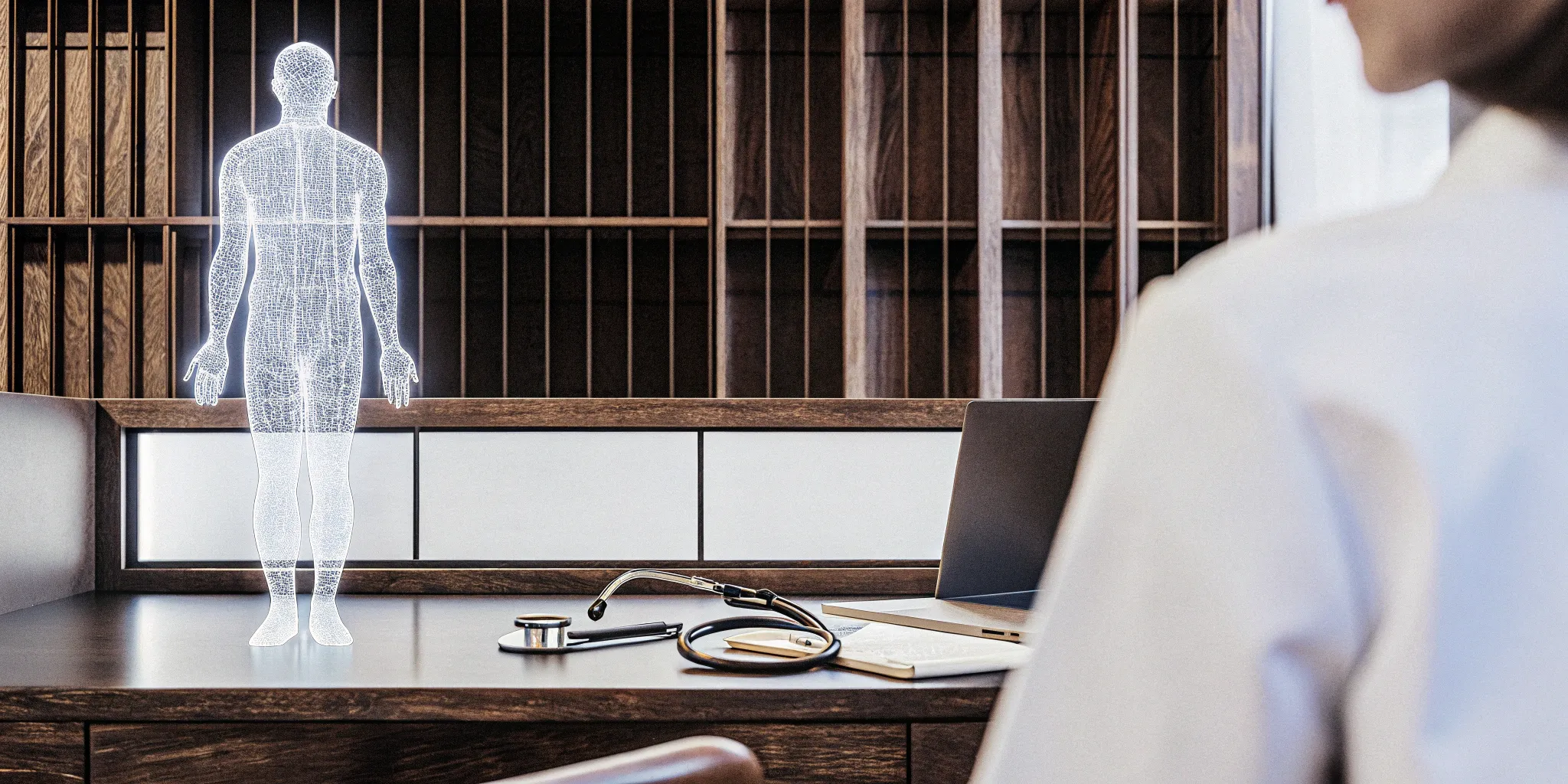 Doctor reviewing a digital human hologram as part of a modern health reimbursement arrangement.