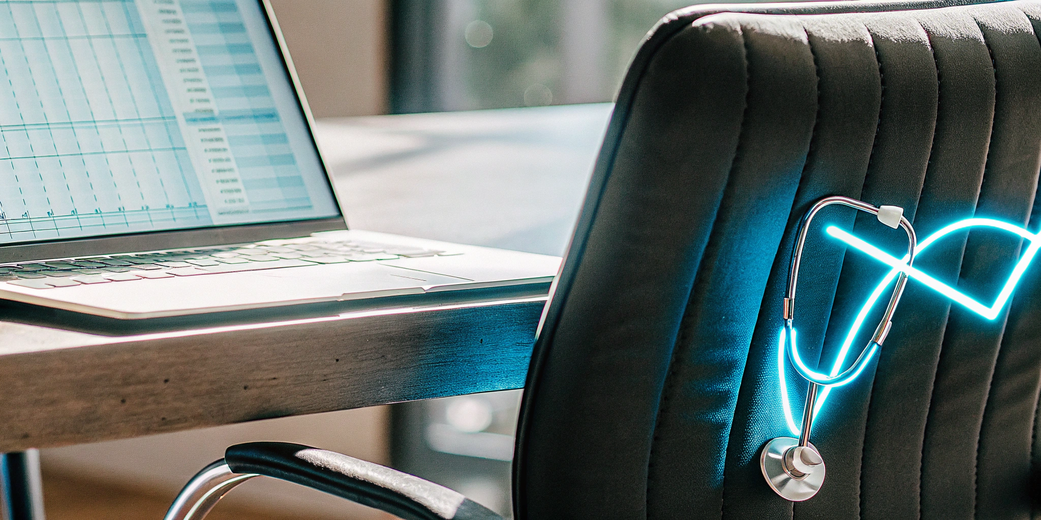 A laptop with a spreadsheet and a stethoscope, used to calculate the COBRA administrative fee.