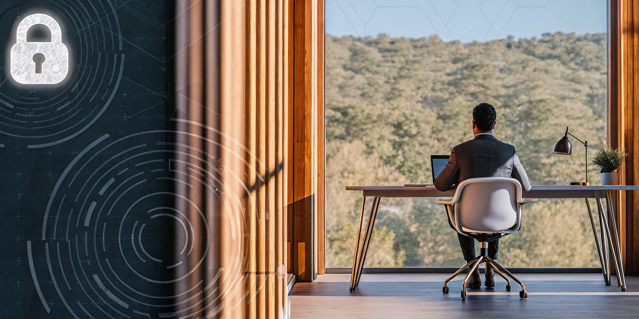 Man at a desk with a laptop and a security lock icon for COBRA insurance in Arkansas.
