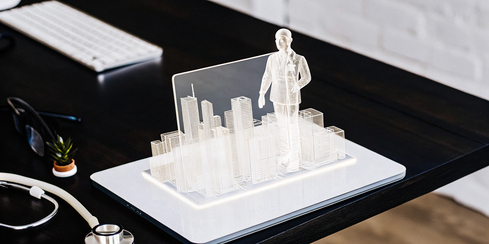 A desk hologram of a professional planning their future with long term disability benefits.
