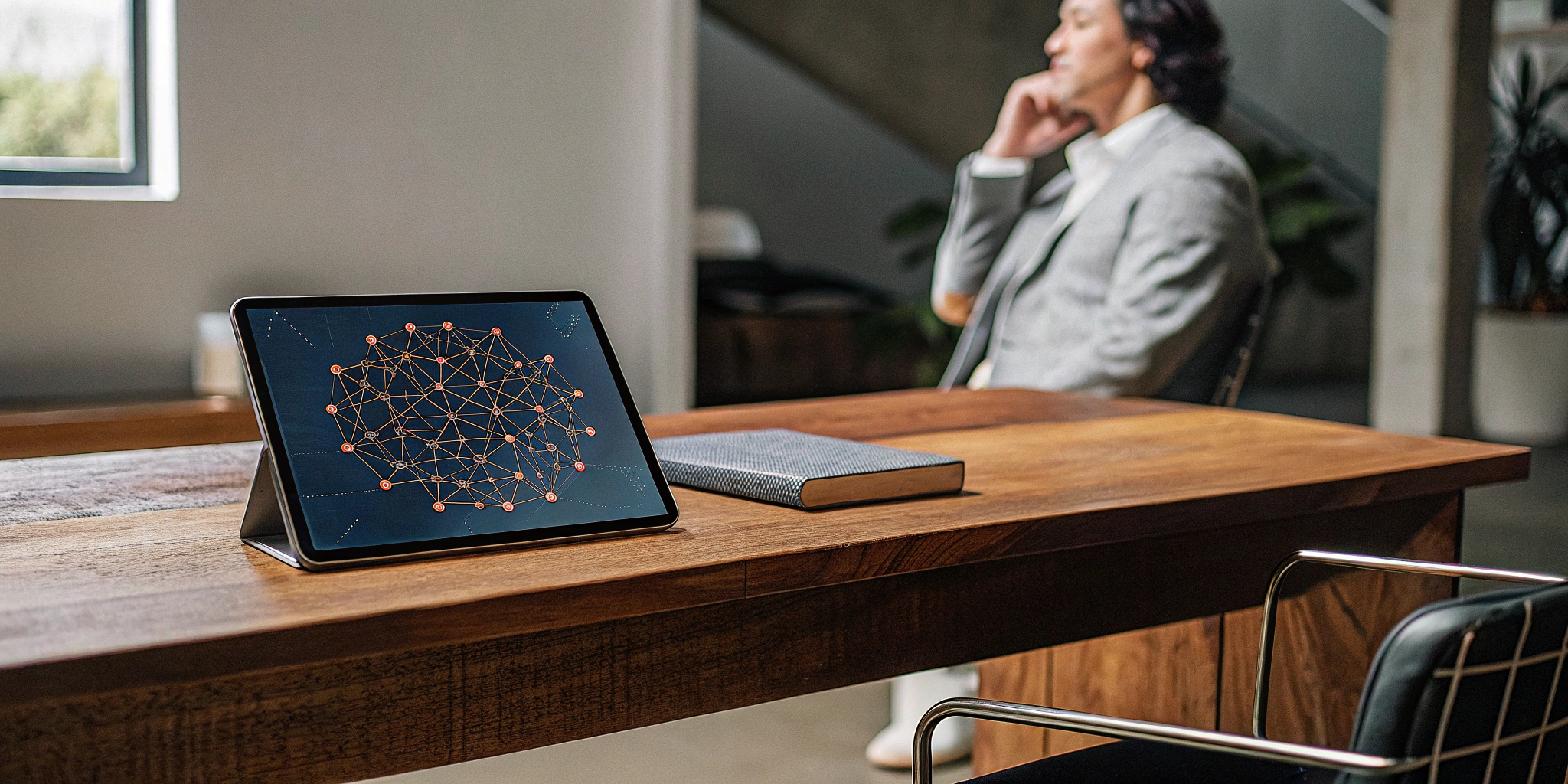 A person at a desk considers their answers to HRA questions on a tablet.