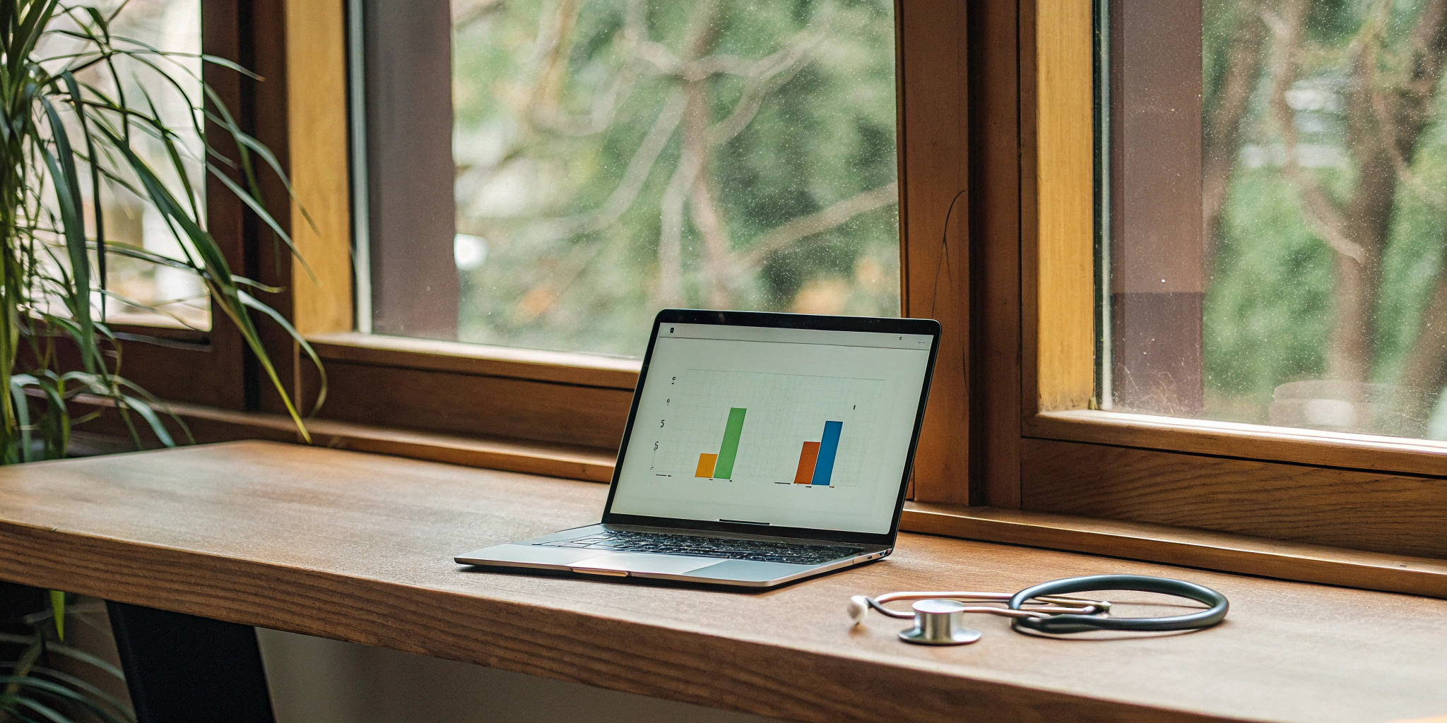 A laptop with a financial graph and a stethoscope on a desk for a guide on HRA for employees.