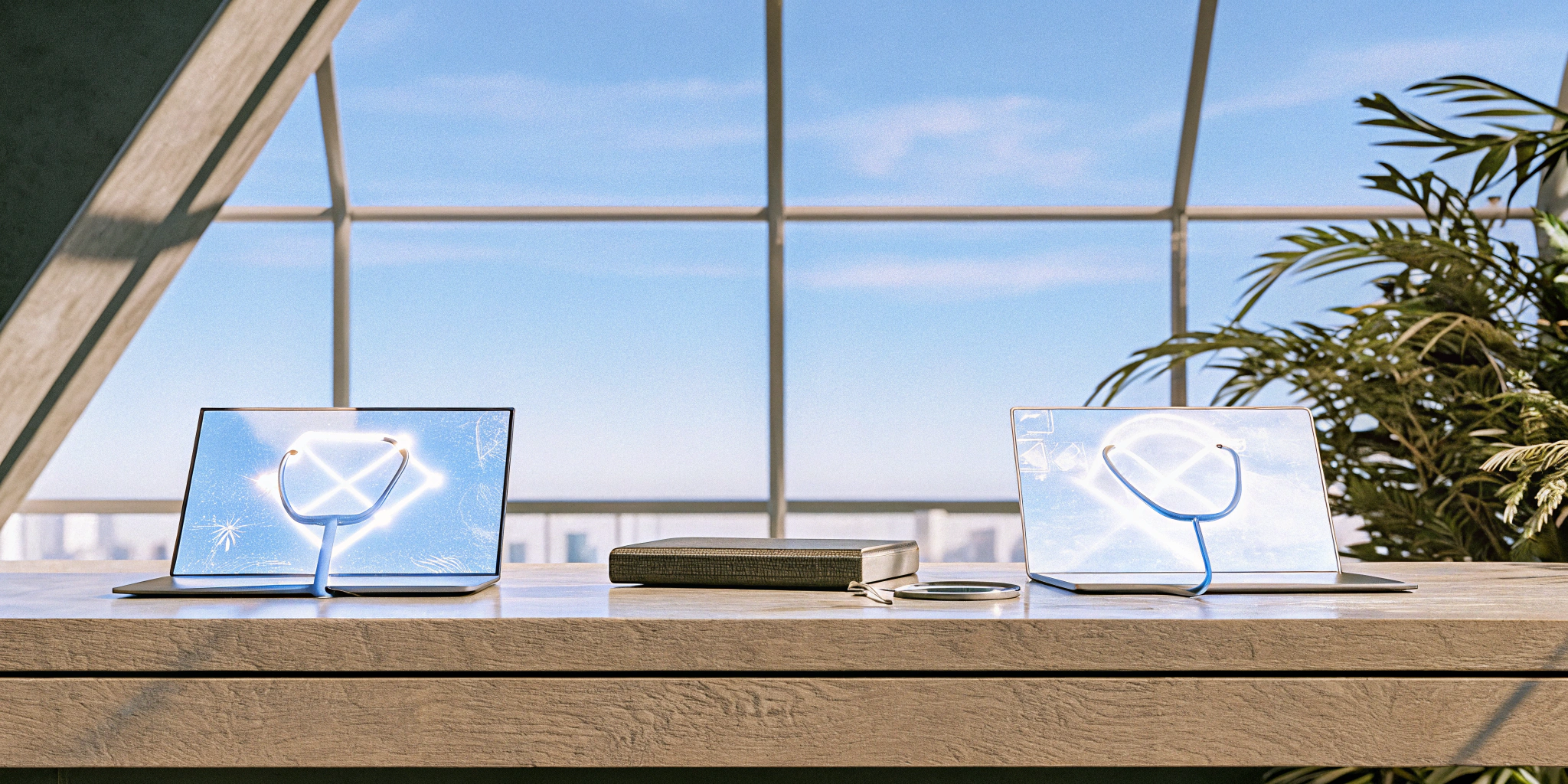 Laptops with stethoscopes comparing level funded vs self funded health plans.