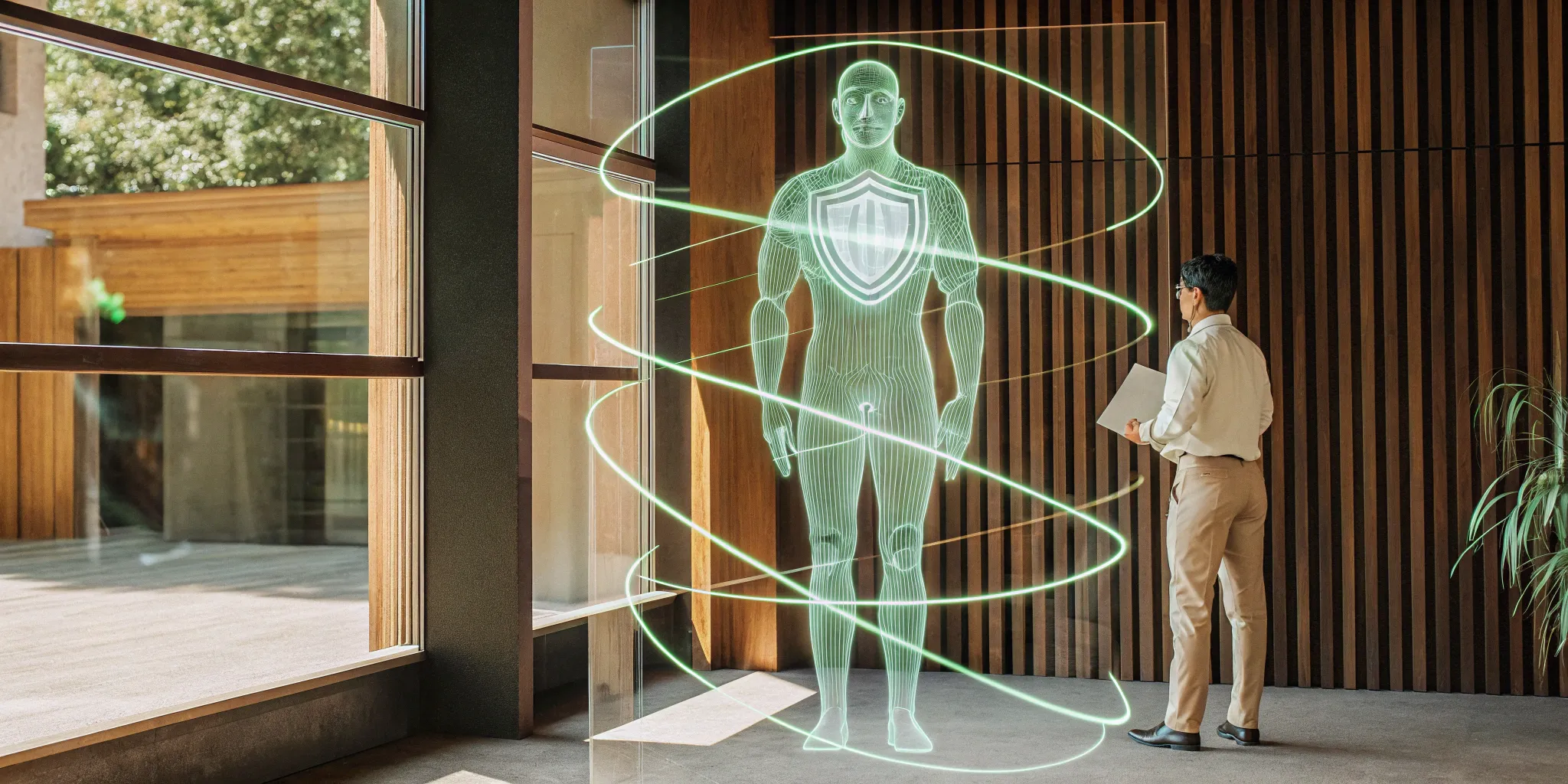 A man looking at a shield icon representing the protection offered by an HRA insurance plan.