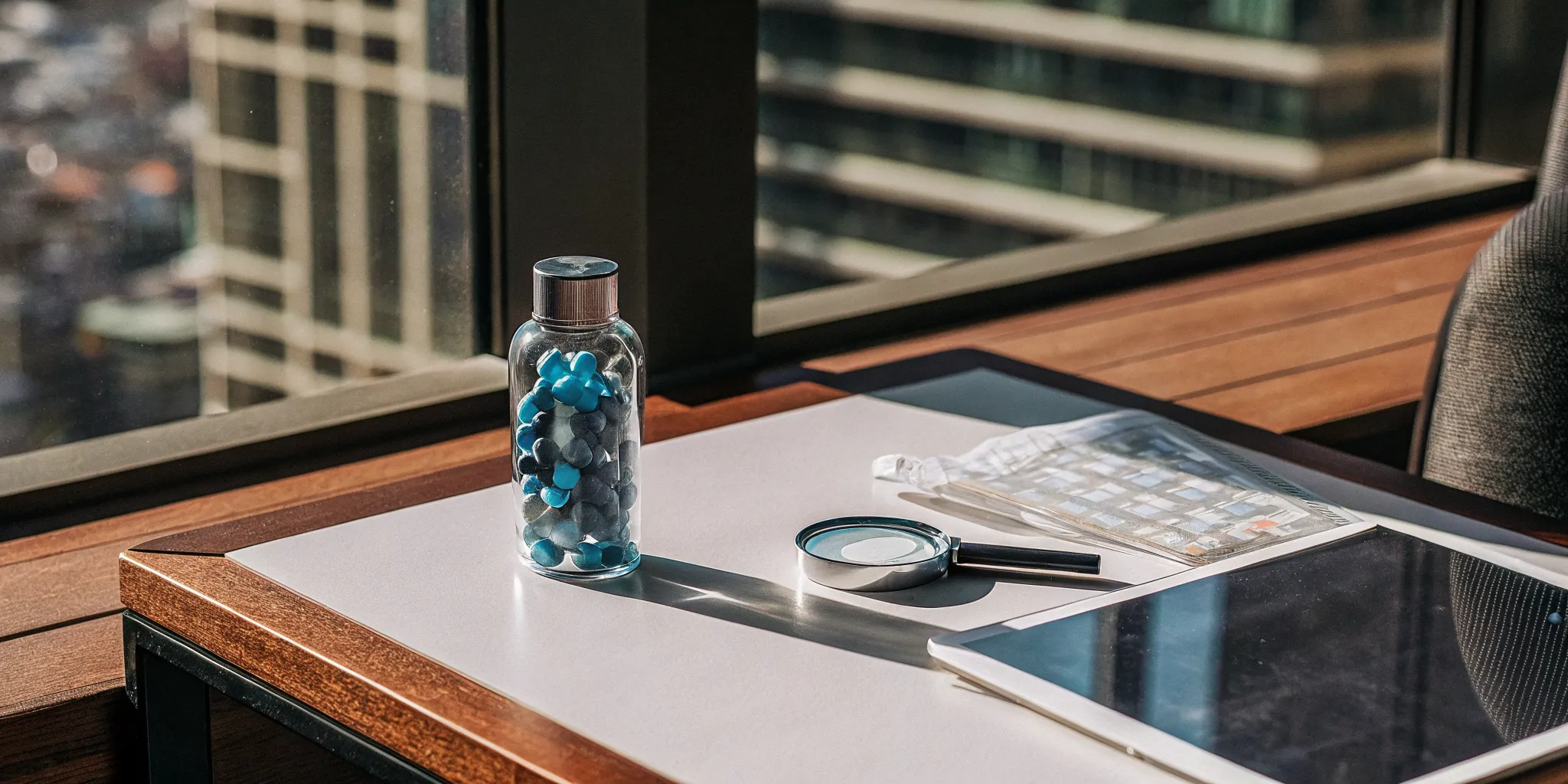 A magnifying glass examines transparent rx price reviews on a tablet next to a pill bottle.