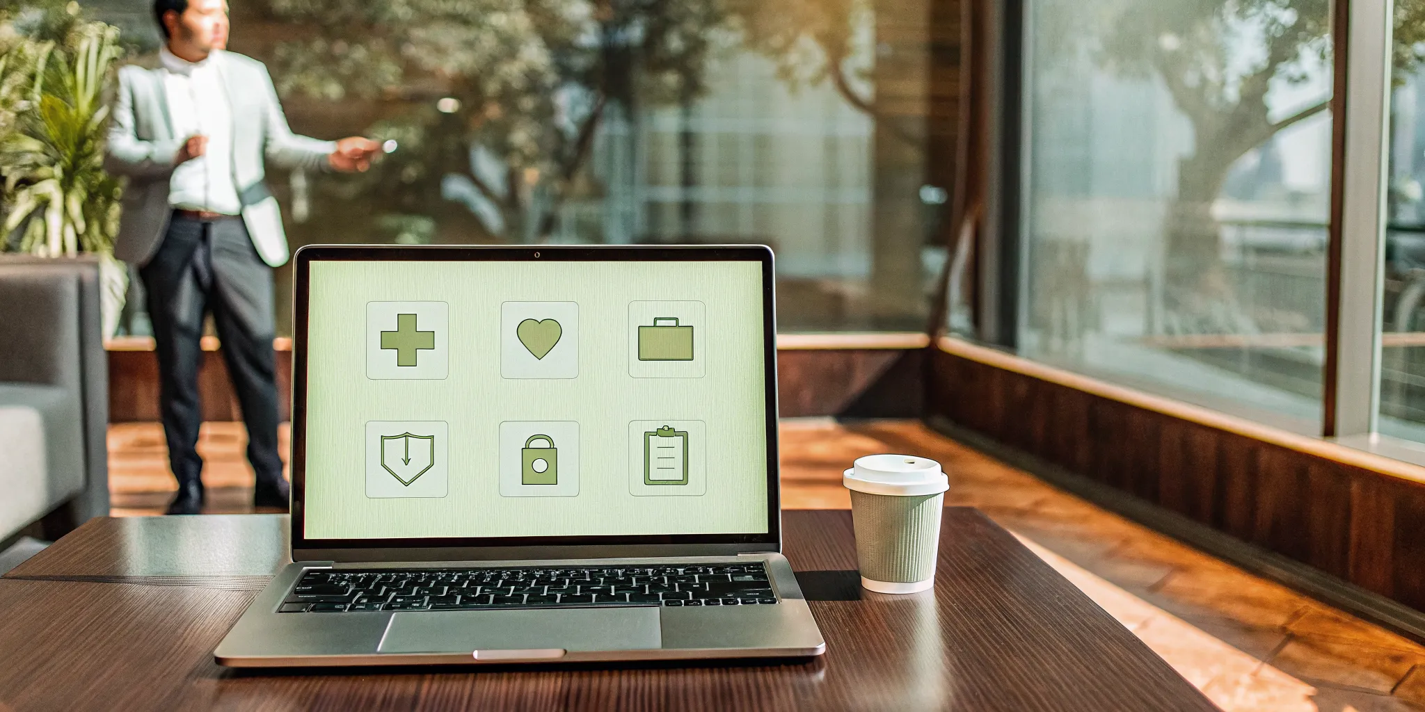 An employer using a laptop to manage the company's HRA health benefits plan.