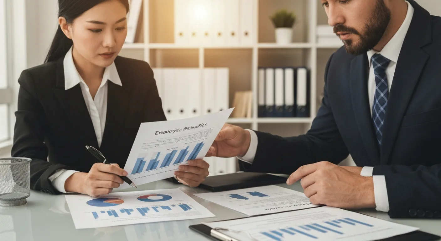 Business professionals reviewing employee benefits data and health insurance documents in Washington State