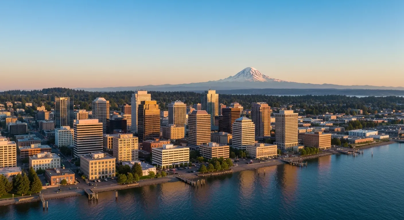 Panoramic view of Washington State business district with Mount Rainier, where WHIA serves businesses statewide