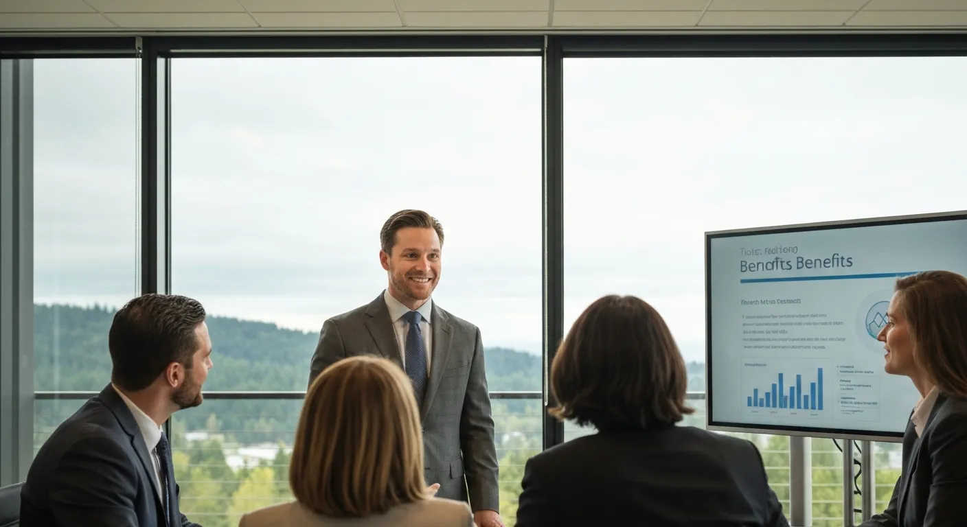 Washington State benefits advisor meeting with business executives to review employee health insurance options