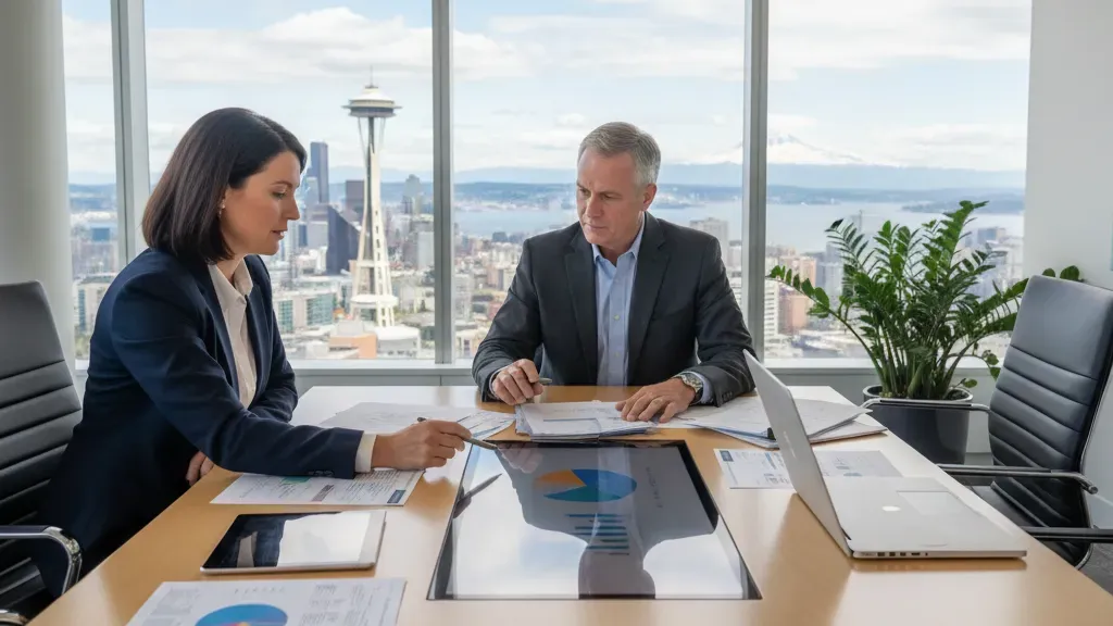 Washington employer executives reviewing self-funded health insurance plan documents
